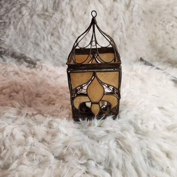 Antique Metal & Capiz Shell Lantern With Fleur-de-Lis Design - Picture 4 of 7